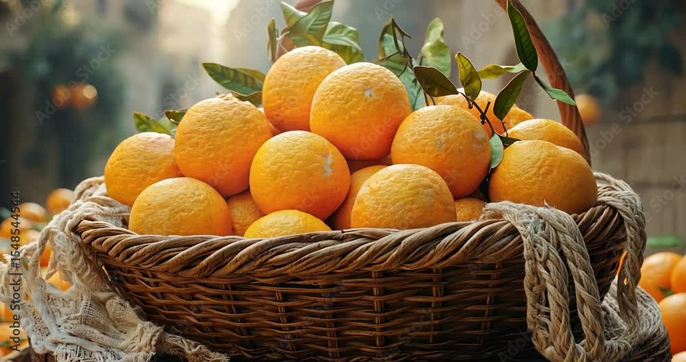 Ripe oranges in a wicker basket, outdoors with blurred background of more oranges.