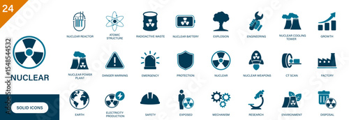 Nuclear icon. Radioactive waste, nuclear power, reactor, radiation, atom, nuclear weapons. Solid vector icons collection.