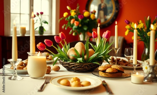 Wallpaper Mural A feast for the eyes and taste buds awaits in a dining room adorned with Easter treats vibrant tulips and flickering candles all set against a bold orange backdrop Torontodigital.ca