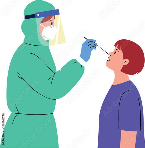 Healthcare worker performing nasal swab test on child for covid19 diagnosis vector illustration 