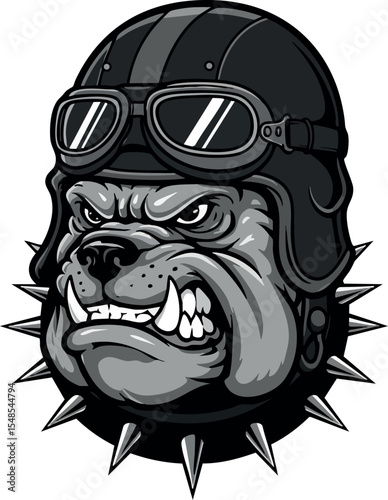 Bulldog head wearing black helmet with goggles and spiked collar vector illustration 