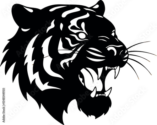Tiger head roaring black and white vector illustration with sharp teeth and whiskers 
