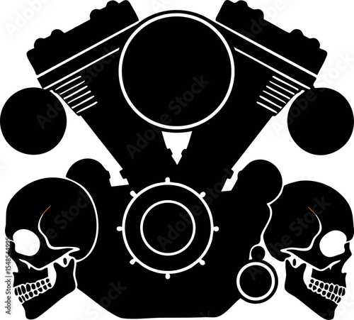 Motorcycle engine with skulls tattoo style black silhouette vector design 