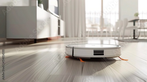 Close-up of a cleaning robot vacuuming a wooden floor in a modern living room, showcasing AI-powered sensors, autonomous navigation, and automated cleaning cycles for daily household maintenance