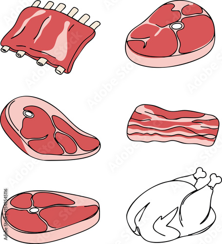 Various cuts of raw meat illustration including ribs steak bacon and whole chicken vector 