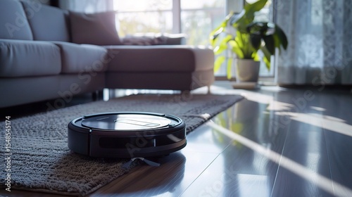 Close-up of a cleaning robot vacuuming a wooden floor in a modern living room, showcasing AI-powered sensors, autonomous navigation, and automated cleaning cycles for daily household maintenance