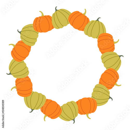 Pumpkin circle frame. Round border made of fall pumpkins. The pumpkins have different shapes and are arranged in a circle. Vector flat isolated on white background.