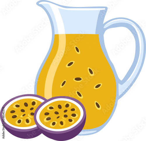 Passionfruit juice with Passionfruit cross section on a white surface