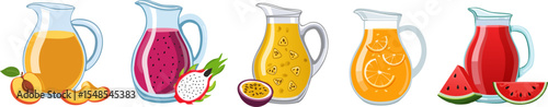 Colorful juice pitchers and sliced fruits, perfect for promoting health and wellness