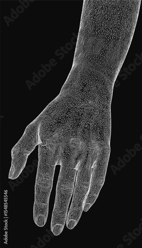 Polygonal wireframe of a human hand with geometric facets, rendered in monochrome against a dark void. The digital mesh creates a futuristic, low-poly aesthetic with sharp edges and clean lines.
