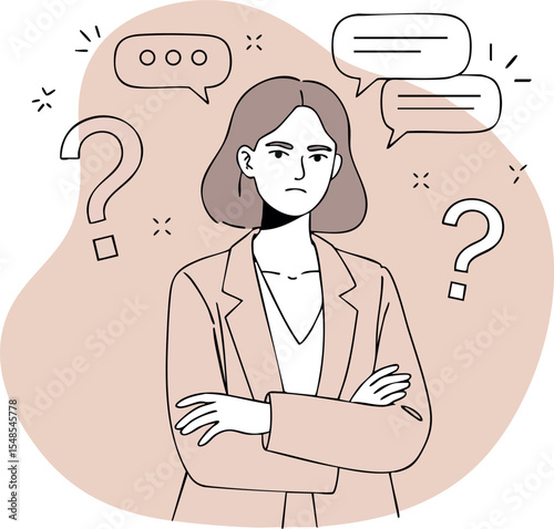 Woman with crossed arms surrounded by question marks and speech bubbles vector illustration 