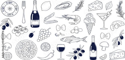 Hand drawn italian food set. Mediterranean lunch and dinner doodle icons. Pasta, olive, pizza, cheese, tomato, lemon, wine. 