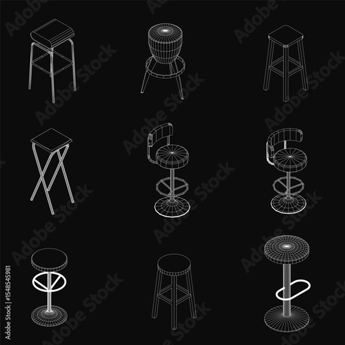 A set of bar stools sketched in white on a black background, each with a unique design and detailed contours. The high-contrast composition highlights the elegant shapes and clean lines of the chairs.