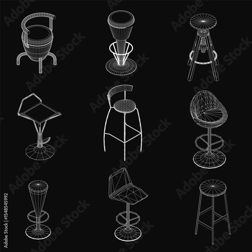 A set of bar stools arranged on a sleek black background, showcasing various shapes and sizes in a clean 3D model. The modern chairs feature minimalist designs with smooth curves and sturdy frames.
