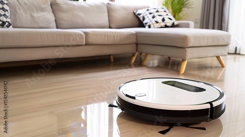 Close-up of a cleaning robot vacuuming a wooden floor in a modern living room, showcasing AI-powered sensors, autonomous navigation, and automated cleaning cycles for daily household maintenance