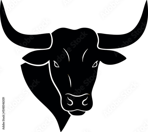 Bull head silhouette vector illustration with horns and facial details in black style 