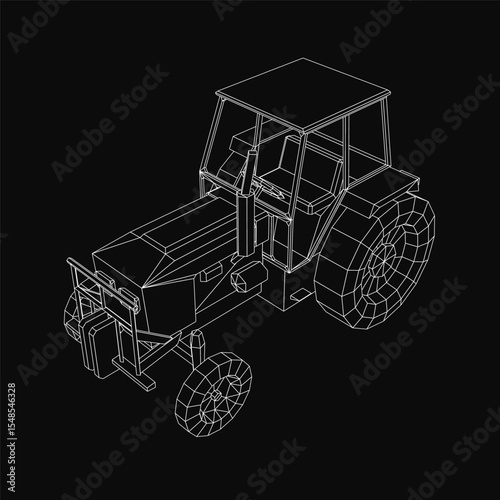 A detailed 3D model of a tractor on a black background, showcasing intricate blueprint lines and realistic curves. The design highlights mechanical components and structural accuracy for industrial.
