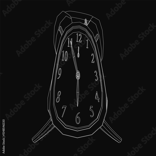 Black and white alarm clock with a white face, black hands, and bold numbers stands out against a dark background. The clock features a sleek black border and sits on a table, creating a minimalist.