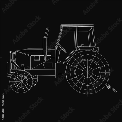 A black and white tractor illustration with intricate details, featuring large wheels and a prominent cab. The stark white tractor contrasts sharply against the black background, emphasizing its bold.