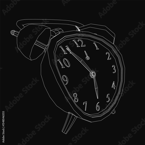 Black and white alarm clock with a white face, black hands, and clear numbers stands on a table against a dark background. The minimalist design highlights the clock's functionality and timeless.