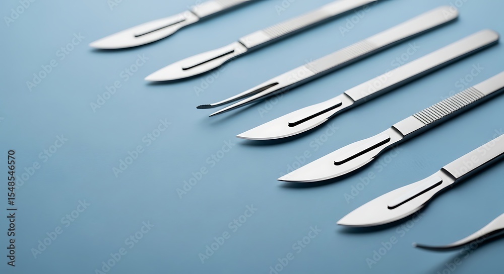 Obraz premium Sharp surgical scalpel blades and tweezers arranged on a blue background, tools