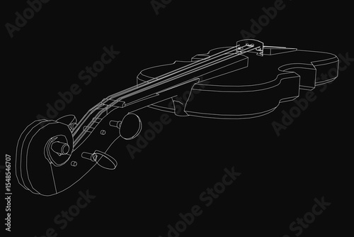 Black and white 3D model of a violin with intricate details like strings, bridge, and tuning pegs, rendered in a realistic style. The stark contrast between the white instrument and black background.
