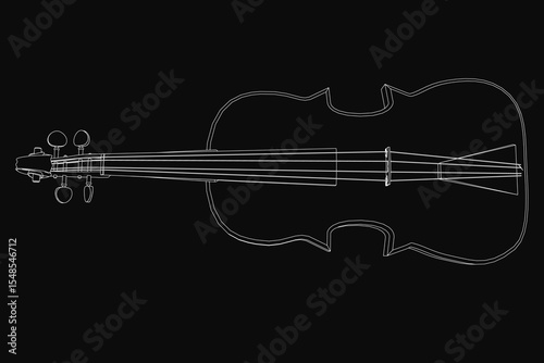 Black and white line art violin on a dark background, featuring detailed strings, bridge, and bow. The instrument's elegant curves and neck are clearly defined, creating a striking contrast.
