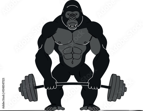 Muscular gorilla lifting heavy barbell weight strength training fitness vector illustration 
