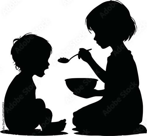Silhouette of a hungry child sitting on the ground holding an empty bowl, head slightly bowed, thin and fragile figure, sad posture, isolated on white background, vector style