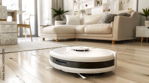 Close-up of a cleaning robot vacuuming a wooden floor in a modern living room, showcasing AI-powered sensors, autonomous navigation, and automated cleaning cycles for daily household maintenance