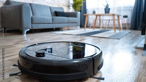 Close-up of a cleaning robot vacuuming a wooden floor in a modern living room, showcasing AI-powered sensors, autonomous navigation, and automated cleaning cycles for daily household maintenance