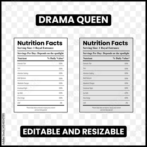 Drama Queen Nutrition Facts

Diva Energy Label

Sassy Attitude Poster

Fierce and Funny Design

Glam Humor Label

Attention Seeker Art

Extra Personality Facts

Sass Queen Poster

Drama Lover Typograp