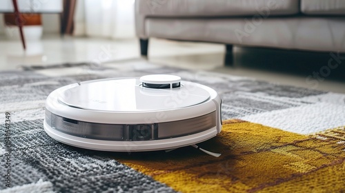 Close-up of a cleaning robot vacuuming a wooden floor in a modern living room, showcasing AI-powered sensors, autonomous navigation, and automated cleaning cycles for daily household maintenance
