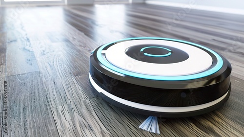 Close-up of a cleaning robot vacuuming a wooden floor in a modern living room, showcasing AI-powered sensors, autonomous navigation, and automated cleaning cycles for daily household maintenance