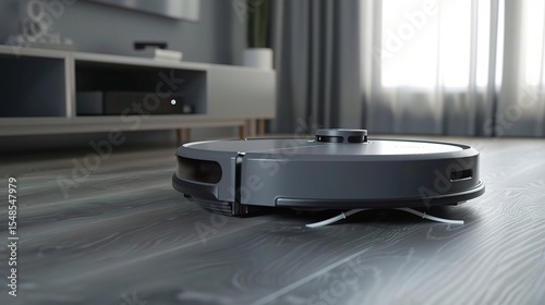Close-up of a cleaning robot vacuuming a wooden floor in a modern living room, showcasing AI-powered sensors, autonomous navigation, and automated cleaning cycles for daily household maintenance