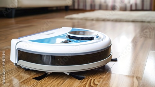 Close-up of a cleaning robot vacuuming a wooden floor in a modern living room, showcasing AI-powered sensors, autonomous navigation, and automated cleaning cycles for daily household maintenance