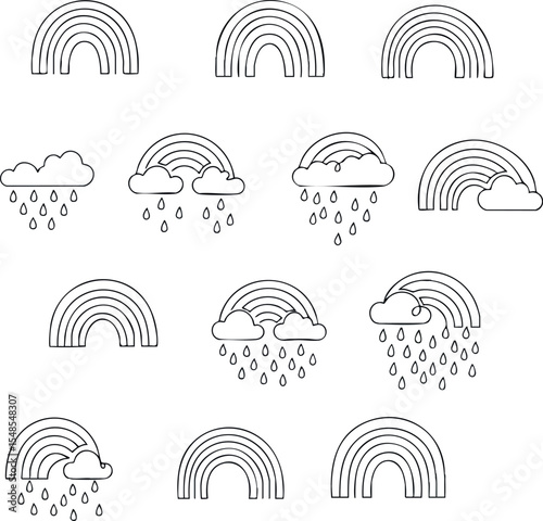 Rainbow and Cloud Weather Icons Vector Set with Rain Drops Outline Style 