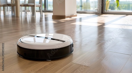 Close-up of a cleaning robot vacuuming a wooden floor in a modern living room, showcasing AI-powered sensors, autonomous navigation, and automated cleaning cycles for daily household maintenance
