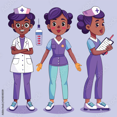 Three Cartoon African American Nurses in Different Poses