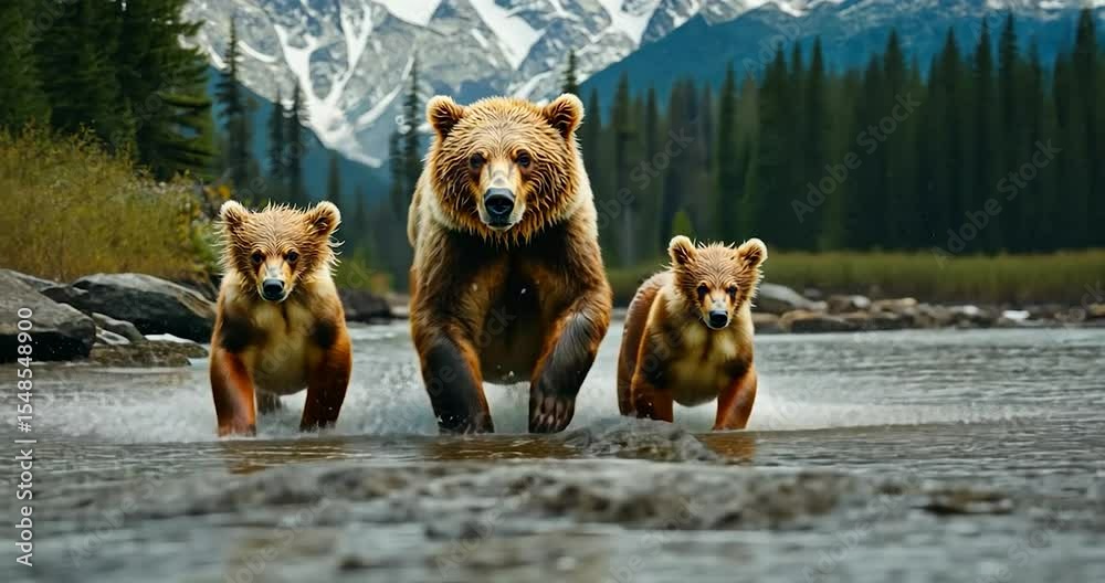A mother grizzly bear and her two cubs playfully run through a river ...