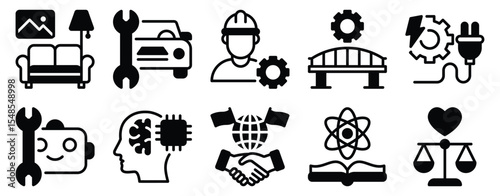 Education Topics Icon Set Solid Style Collection representing academic subjects and learning themes suitable for schools online courses and educational content platforms