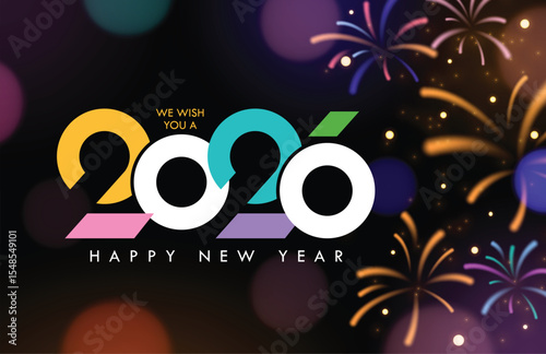 Happy new year wishes 2026 clipart design. New year greeting and wishes with colorful 2026 calligraphy text clip art for holiday invitation card, flyers and calendar template in elegant bokeh 