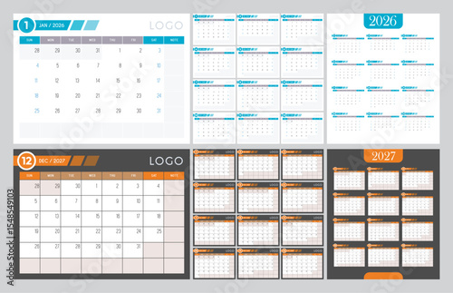 Calendar 2026 and 2027 year template clipart set. 2026 and 2027 12 months calendar layout collection clip art annual and weekly planner design vector illustration.
