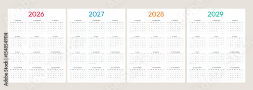 Calendar template clipart set. Collection of year 2026, 2027, 2028 and 2029 12 months annual, weekly and monthly layout business day schedule clip art vector illustration.
