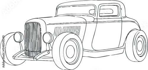 Vintage classic car detailed line art vector illustration black and white design 