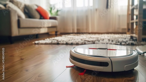 Close-up of a cleaning robot vacuuming a wooden floor in a modern living room, showcasing AI-powered sensors, autonomous navigation, and automated cleaning cycles for daily household maintenance