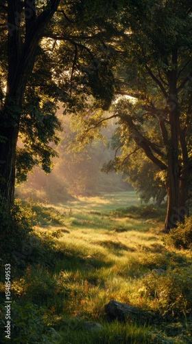 Sunlit forest pathway tranquil nature scene with green trees and sunlight