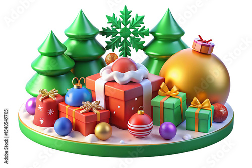 Whimsical Christmas Display with Colorful Gifts, Snowflake, and Decorated Trees