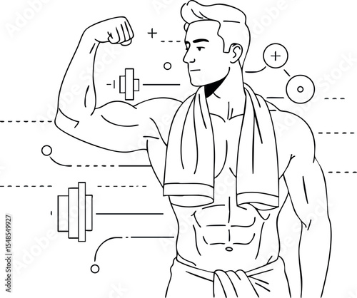 Muscular man flexing biceps with towel and gym elements vector illustration 