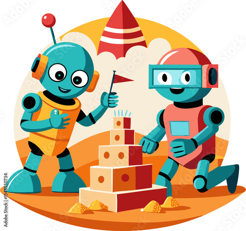 Robot friends building a sandcastle on Mars, fun vector design with white background.